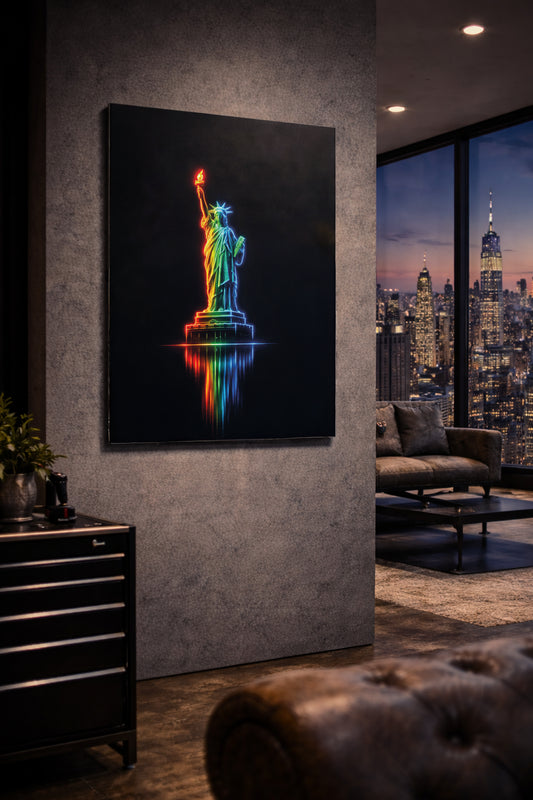 new york statue of lady liberty neon metal art dibond print on a wall