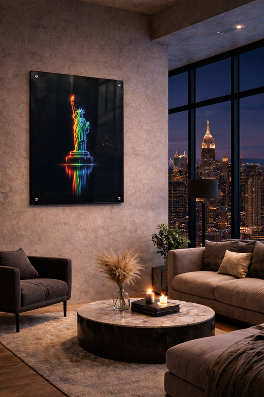 new york statue of liberty neon plexiglass wallart acrylic glass art print on a wall