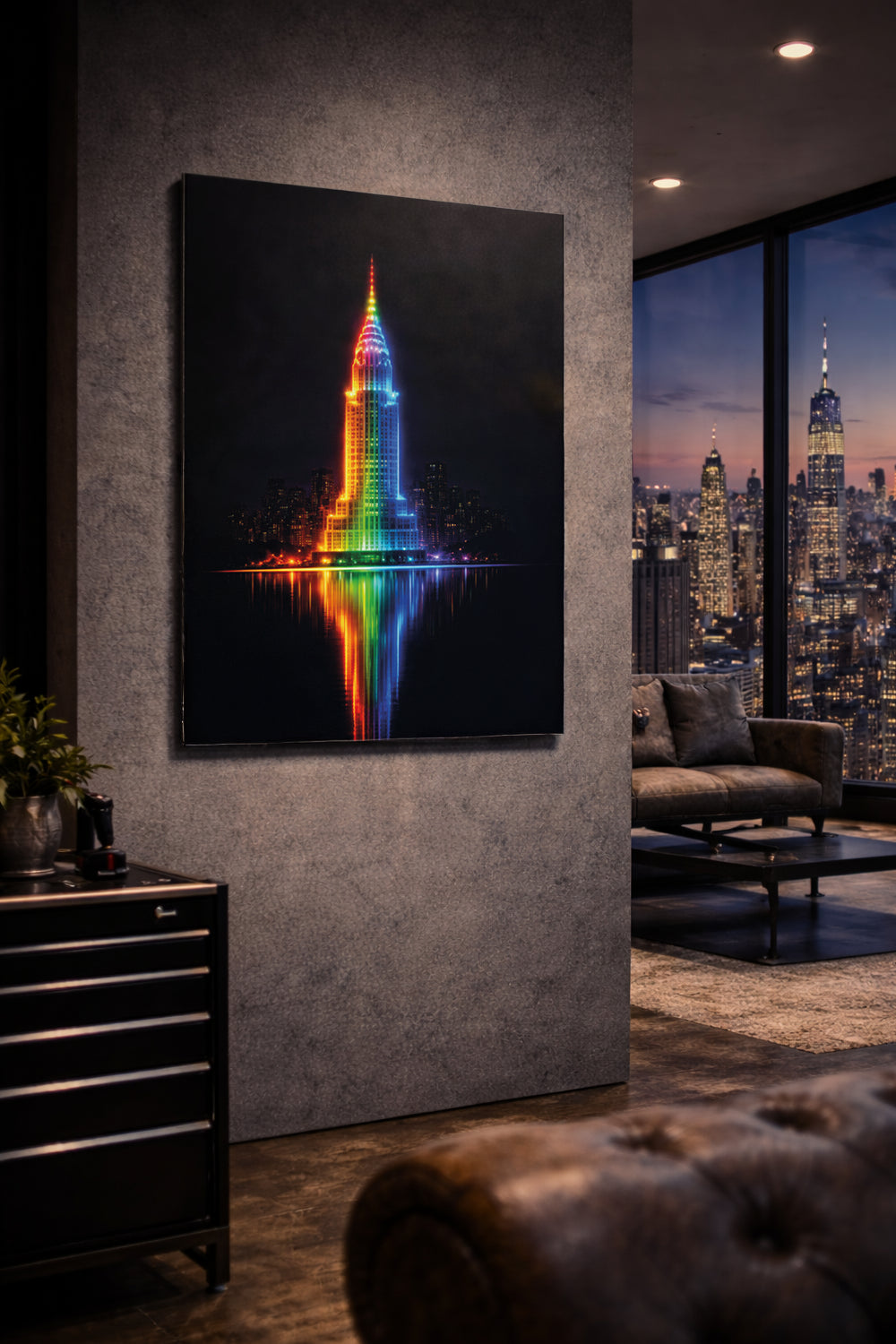 new york chrysler building neon metal art dibond print on a wall