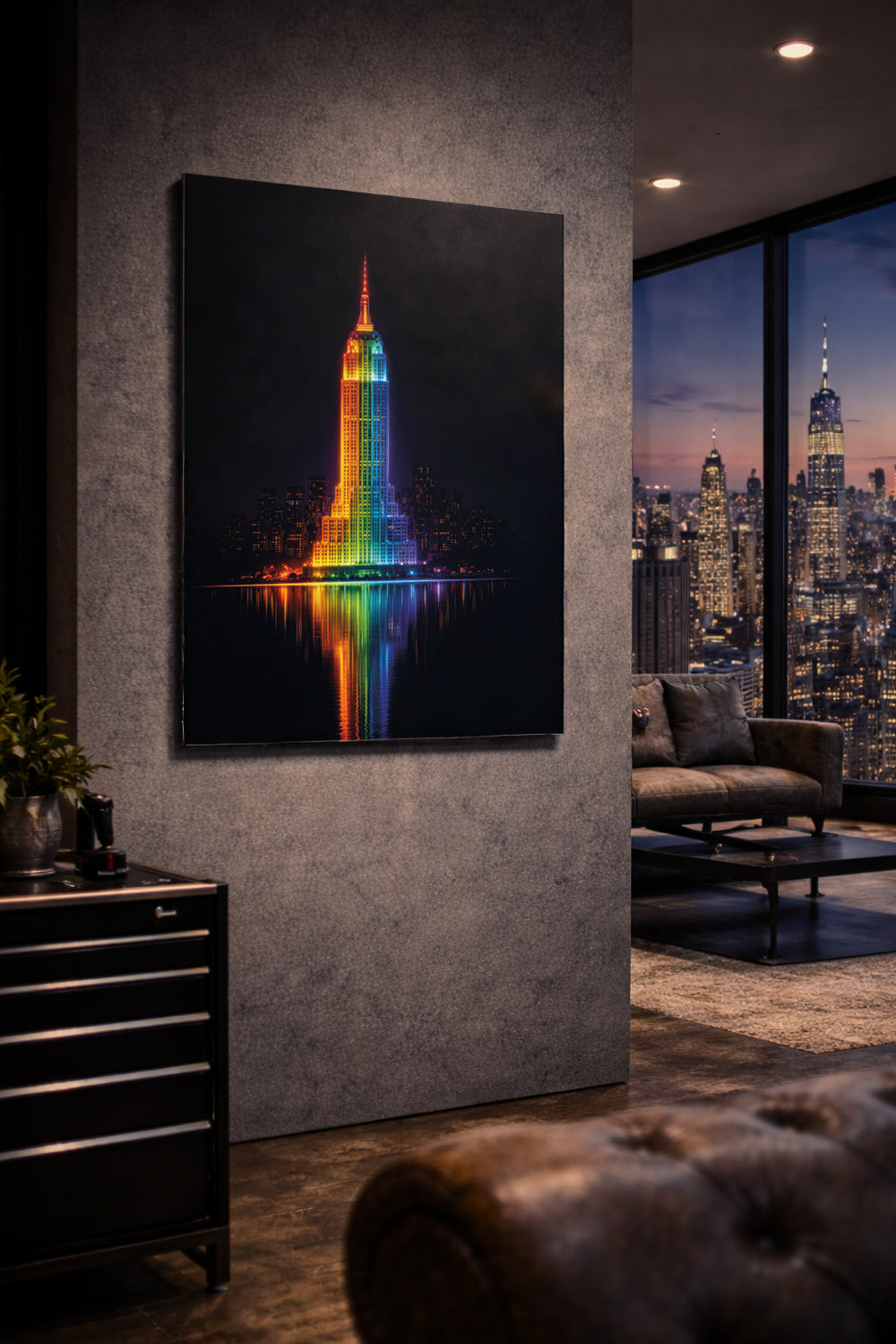 new york empire state building neon metal art dibond print on a wall