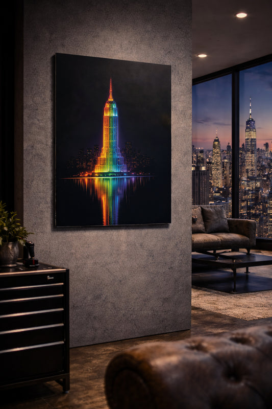 new york empire state building neon metal art dibond print on a wall