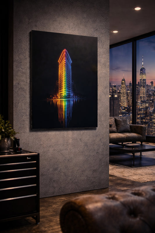 new york flatiron building neon metal art dibond print on a wall