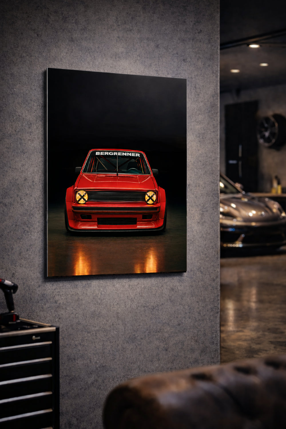 vw golf mk1 bergrenner hillclimb special edition metal dibond wallart print hanging in a mancave