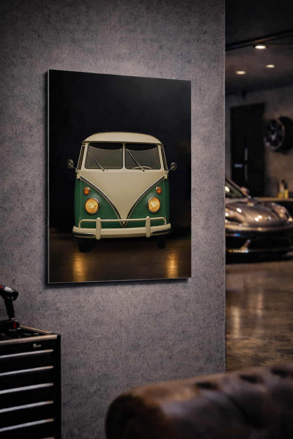 vw t1 bus metal dibond wallart print in a mancave